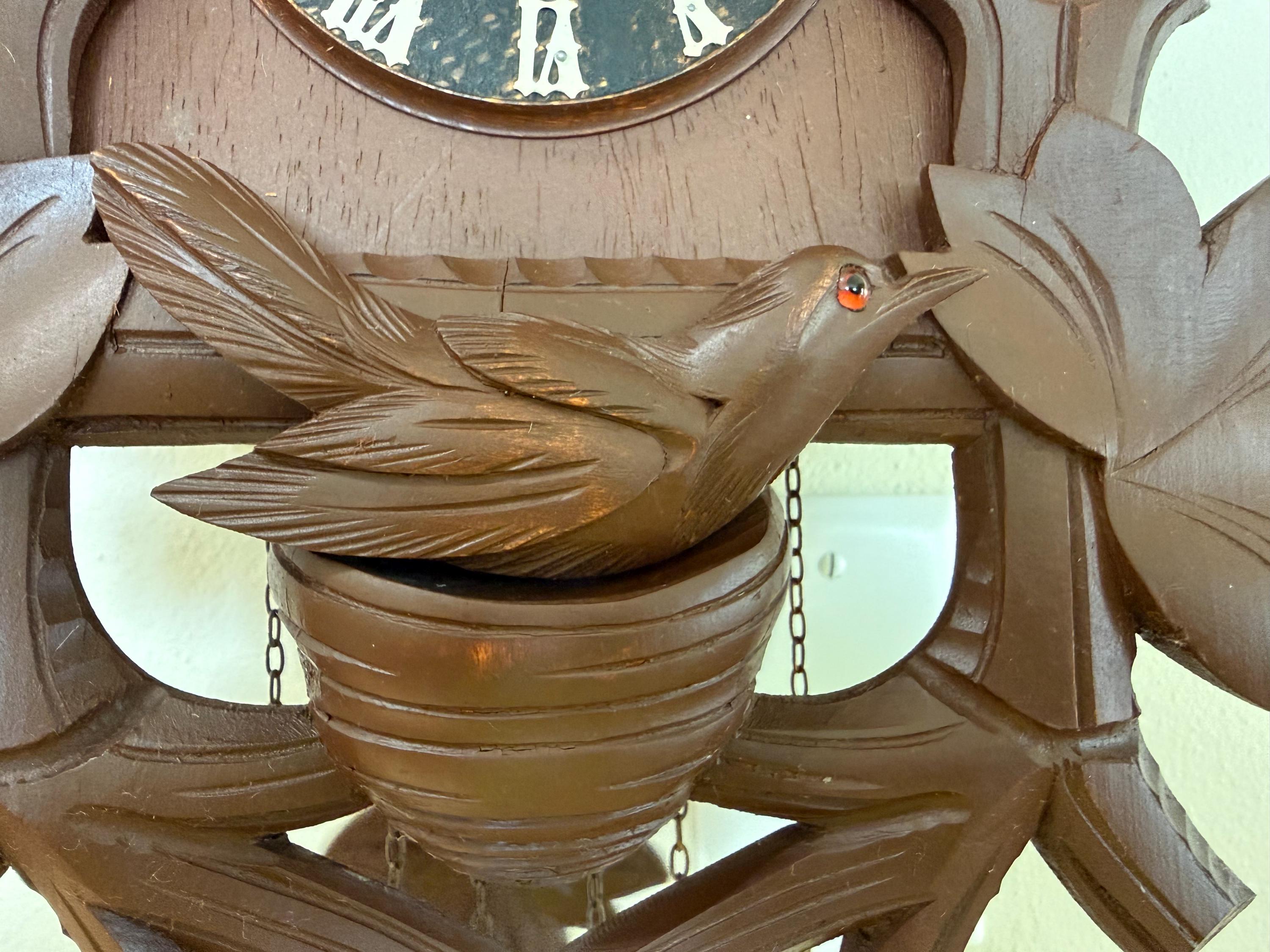 Restored Vintage German Cuckoo/Quail Clock – Black Forest Carved Wall Clock – Fully Serviced And Tested
