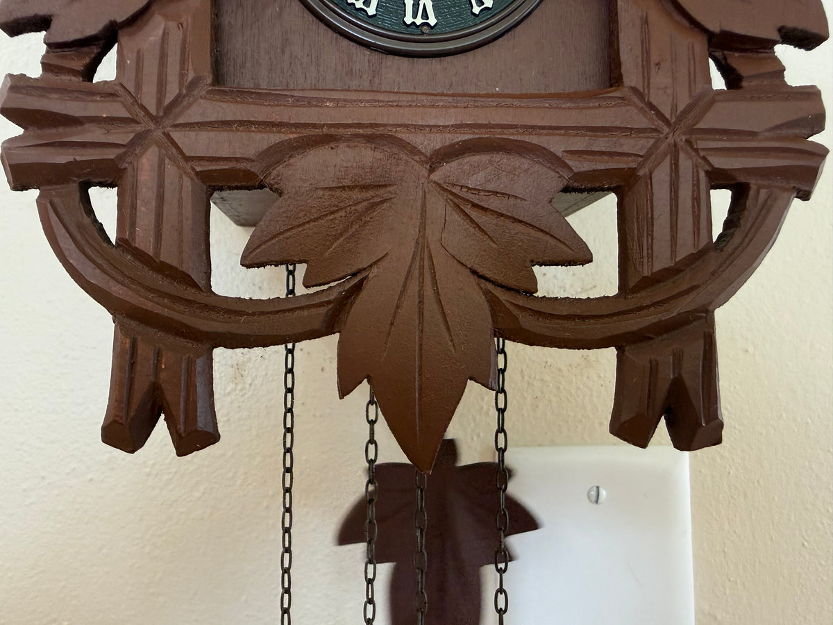 Restored Vintage Hubert Herr Cuckoo Clock – 1-Day German Black Forest Bird and Maple Leaf Clock