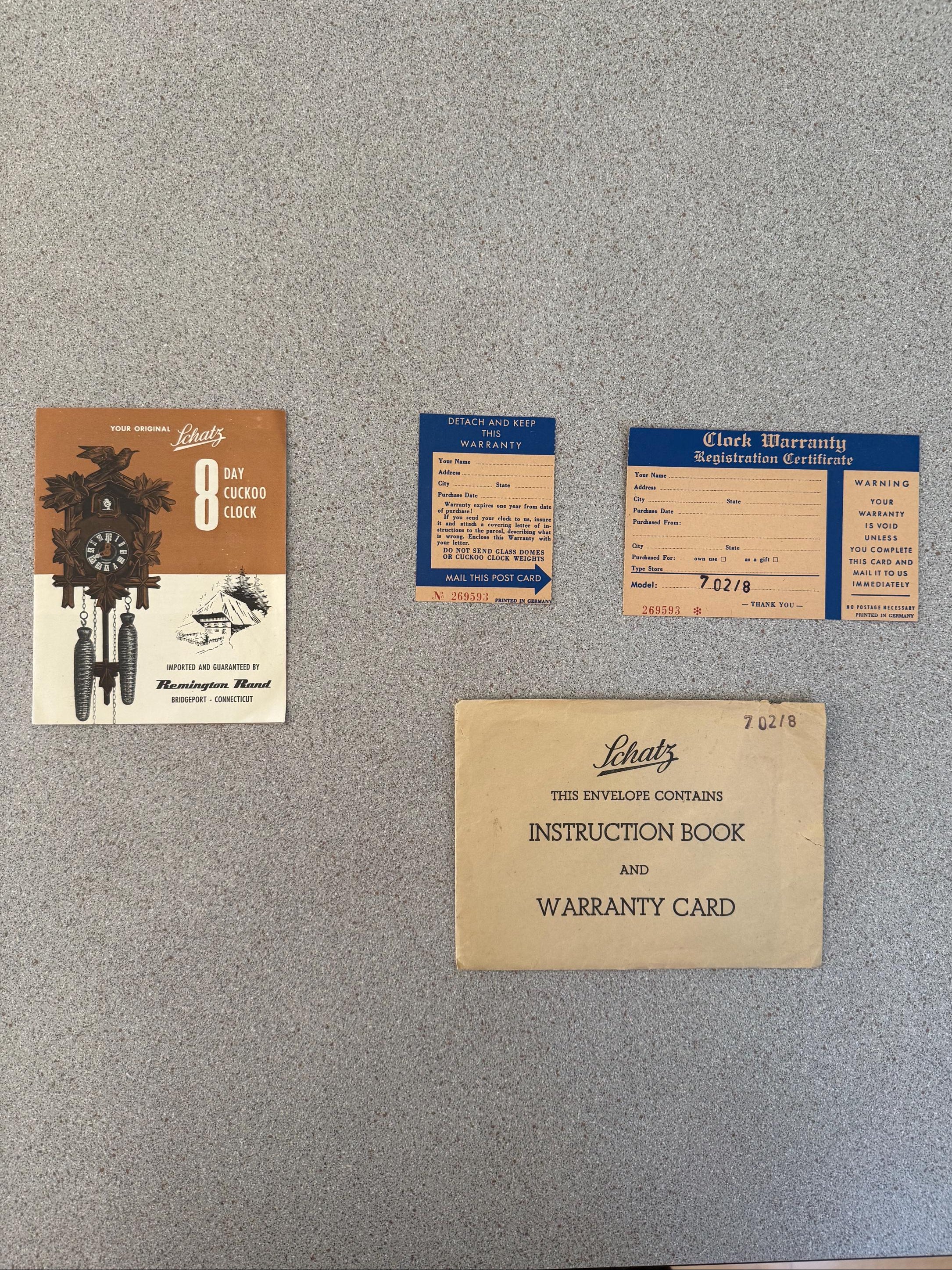 Vintage Schatz 8-Day Cuckoo Clock Manual & Warranty Card