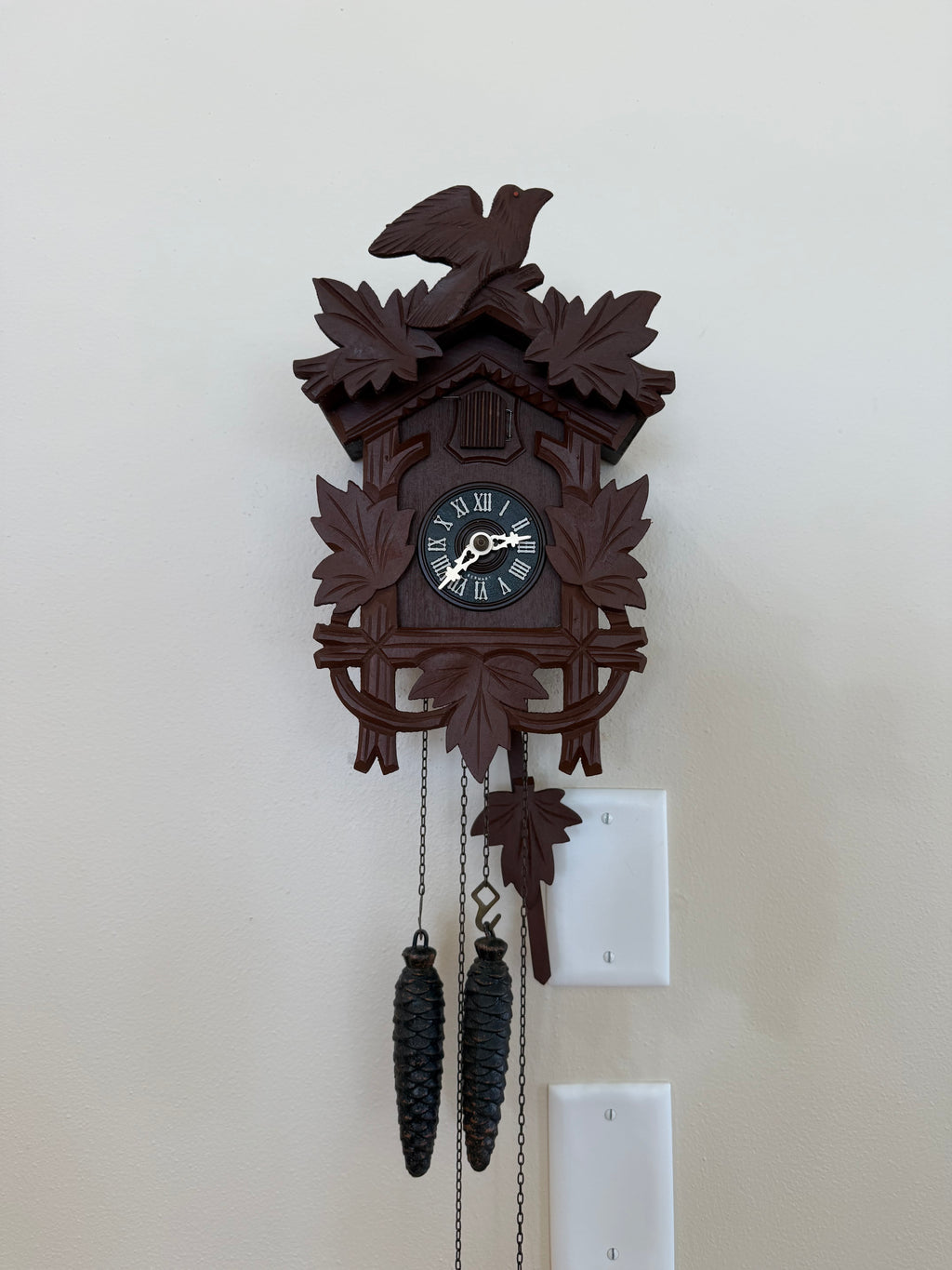 Restored Vintage Hubert Herr Cuckoo Clock – 1-Day German Black Forest Bird and Maple Leaf Clock