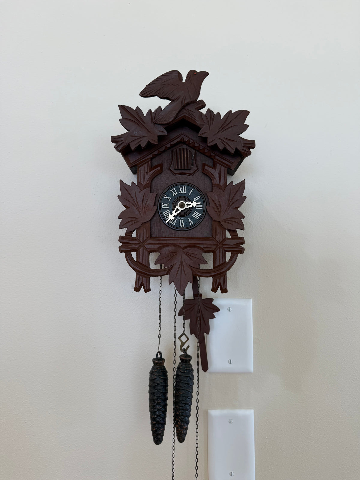 Restored Vintage Hubert Herr Cuckoo Clock – 1-Day German Black Forest Bird and Maple Leaf Clock