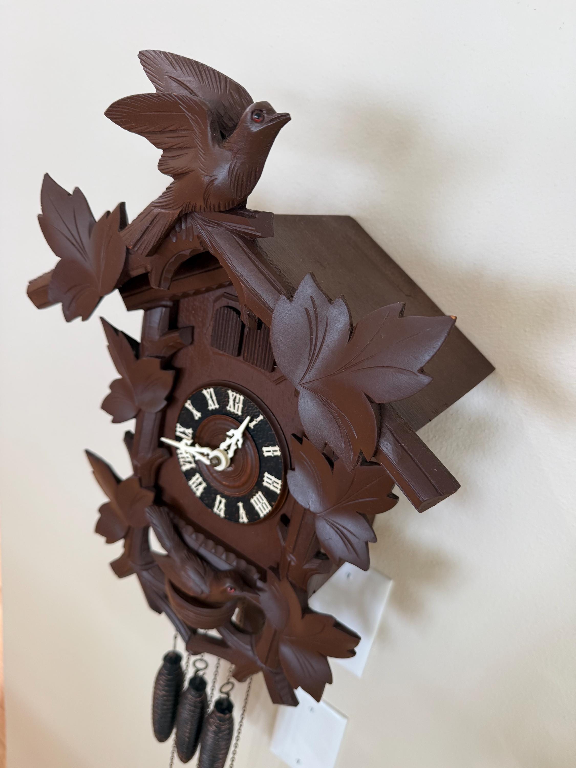 Restored Vintage German Cuckoo/Quail Clock – Black Forest Carved Wall Clock – Fully Serviced And Tested
