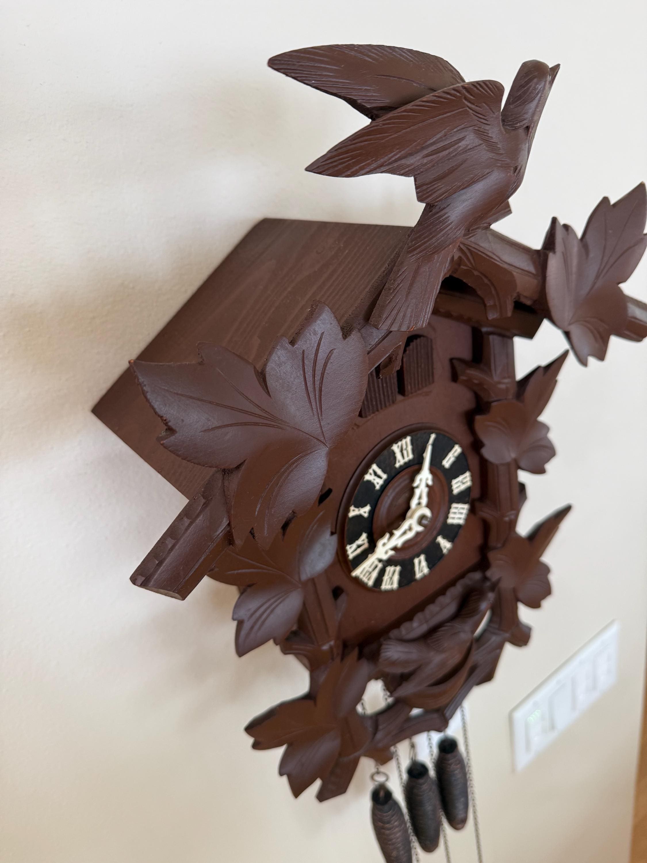 Restored Vintage German Cuckoo/Quail Clock – Black Forest Carved Wall Clock – Fully Serviced And Tested