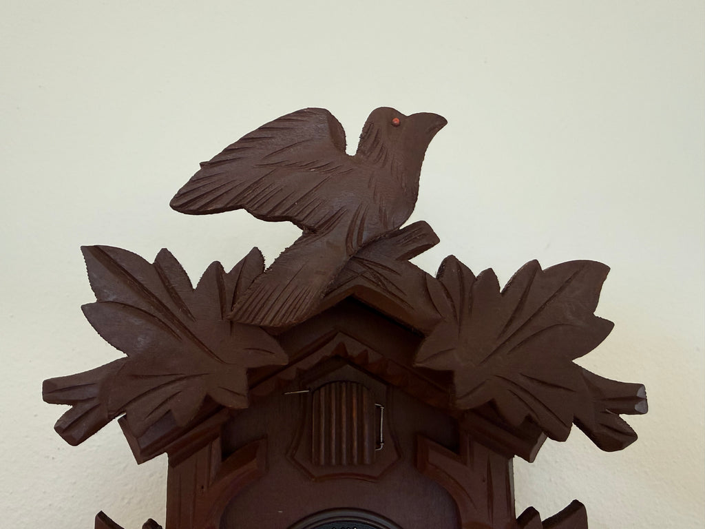 Restored Vintage Hubert Herr Cuckoo Clock – 1-Day German Black Forest Bird and Maple Leaf Clock