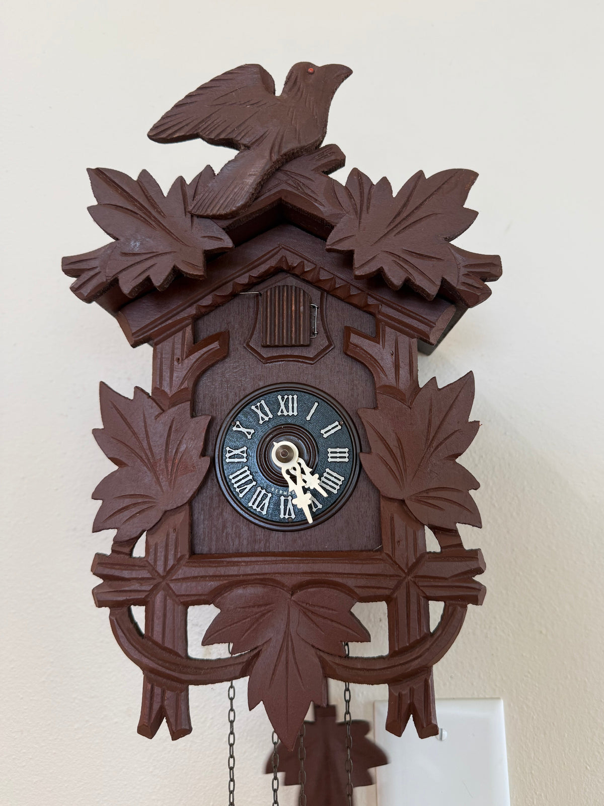 Restored Vintage Hubert Herr Cuckoo Clock – 1-Day German Black Forest Bird and Maple Leaf Clock