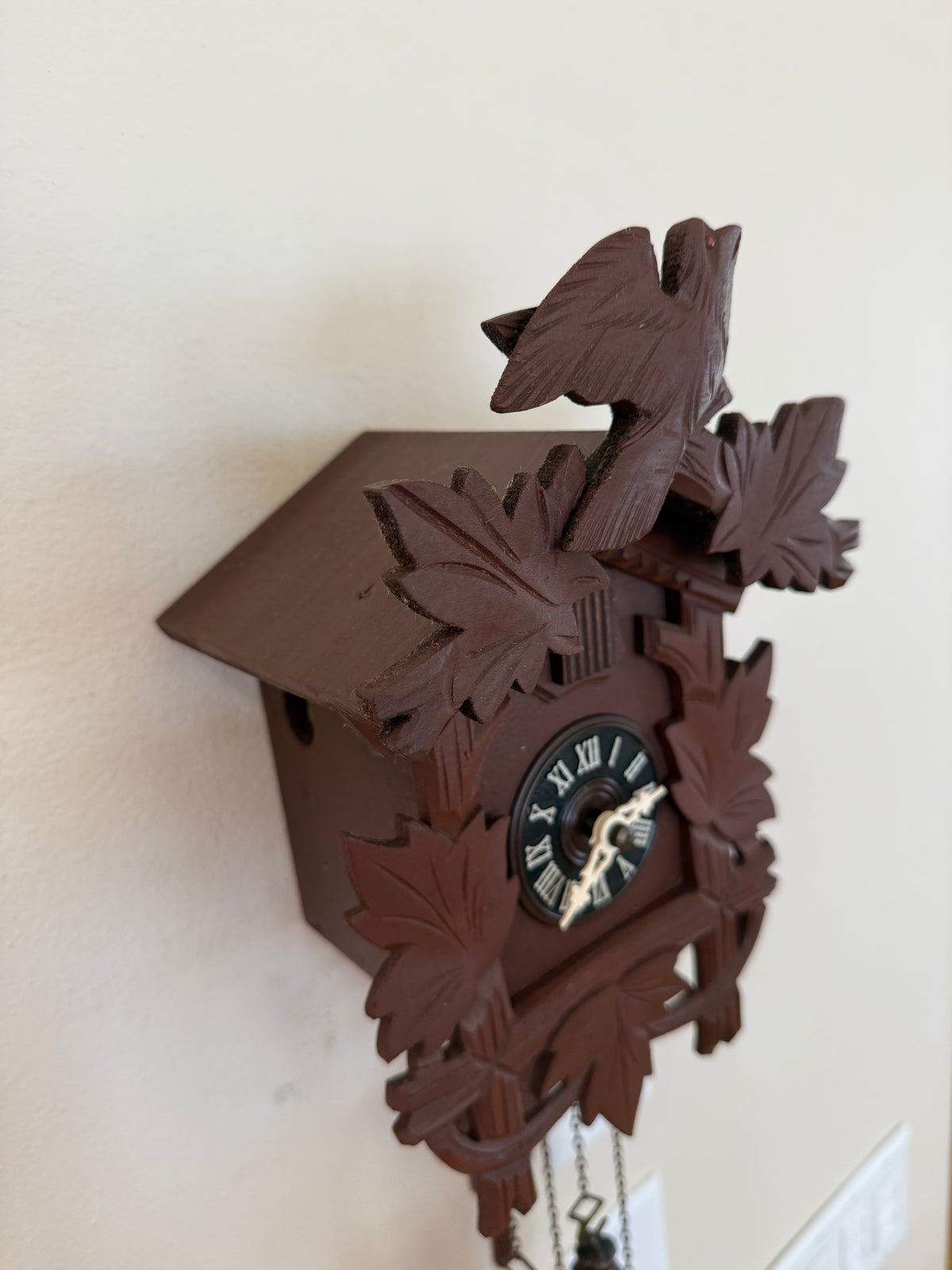 Restored Vintage Hubert Herr Cuckoo Clock – 1-Day German Black Forest Bird and Maple Leaf Clock