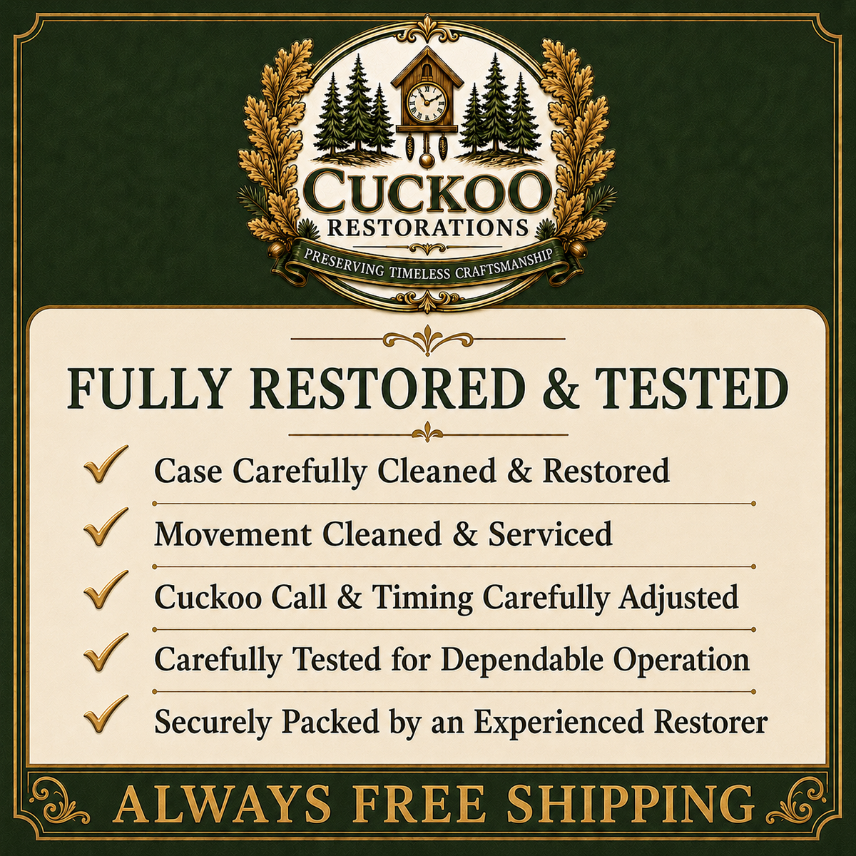 Cuckoo restorations badge with Fully Restored & Tested text