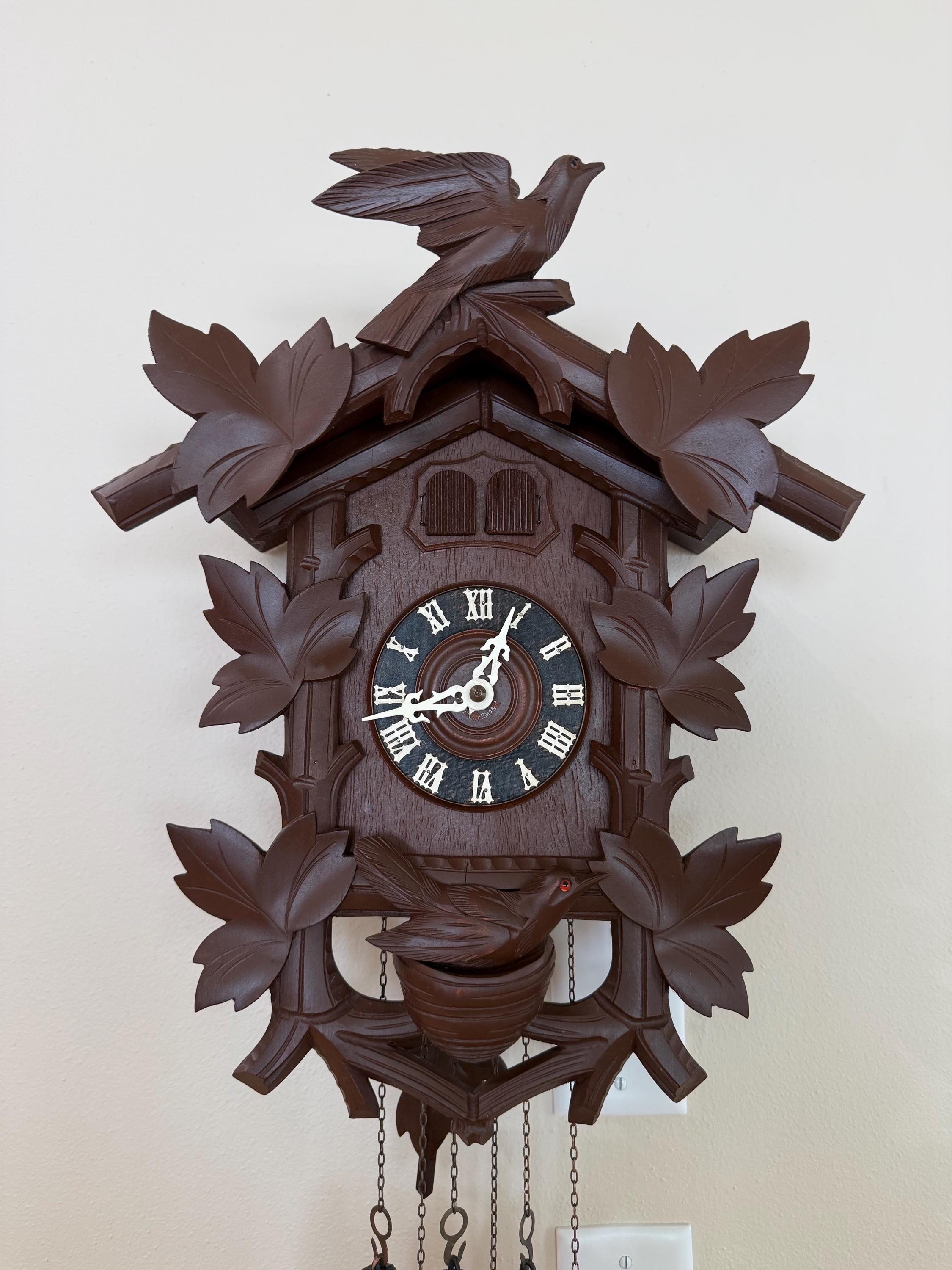 Restored Vintage German Cuckoo/Quail Clock – Black Forest Carved Wall Clock – Fully Serviced And Tested