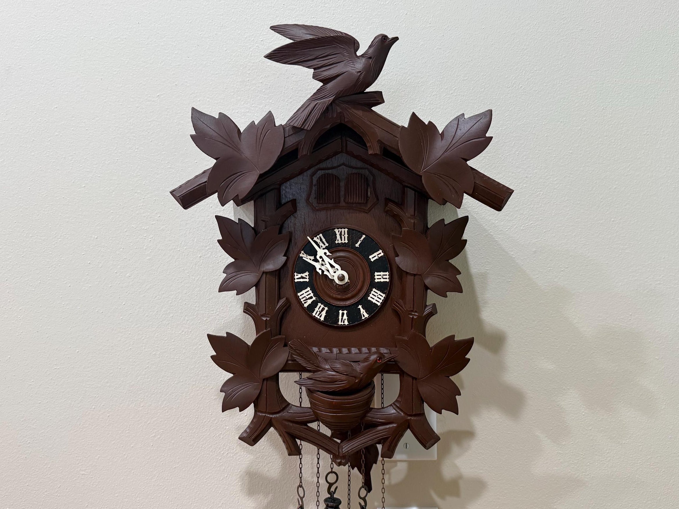Restored Vintage German Cuckoo/Quail Clock – Black Forest Carved Wall Clock – Fully Serviced And Tested