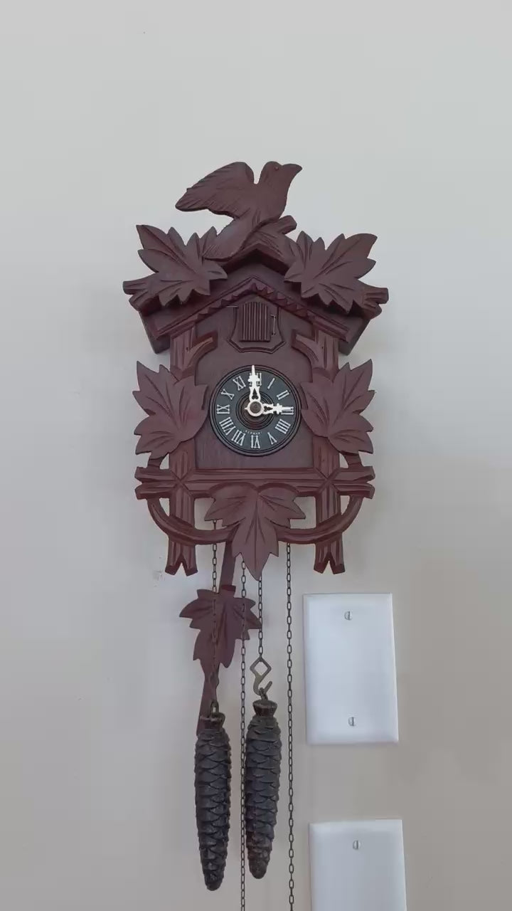 Restored Vintage Hubert Herr Cuckoo Clock – 1-Day German Black Forest Bird and Maple Leaf Clock